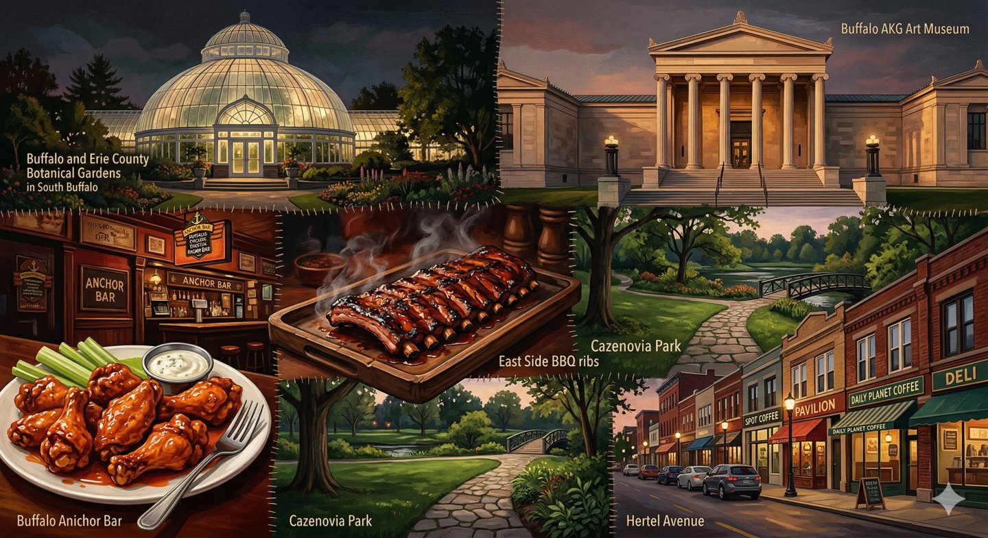 Buffalo NY neighborhood life — Art Museum, Botanical Gardens, Anchor Bar wings, East Side ribs, Hertel Avenue — Nickel City Buyers