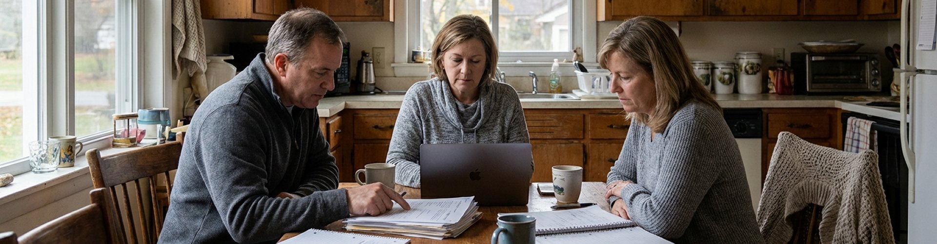 Adult family members reviewing documents at a kitchen table in a Buffalo NY home — discussing options for selling the family house to pay for assisted living or long-term care costs in Erie County