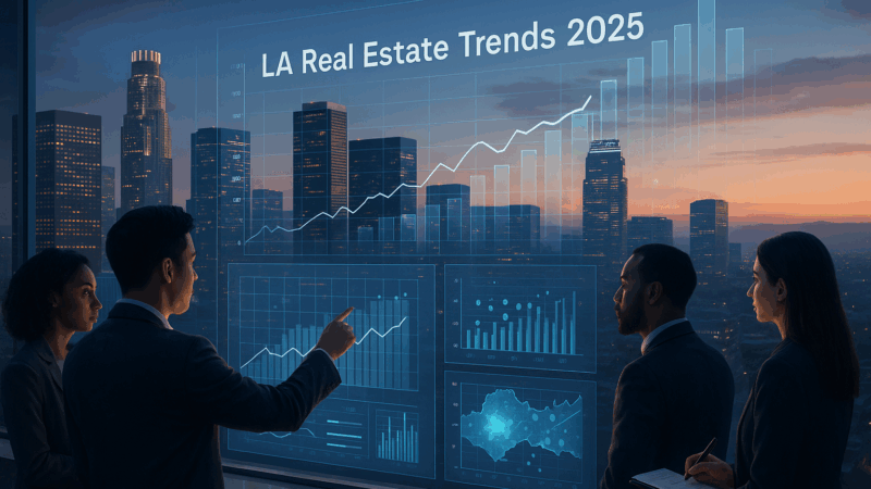 Real estate analysts reviewing LA market data with futuristic charts overlaying the city skyline at sunset.