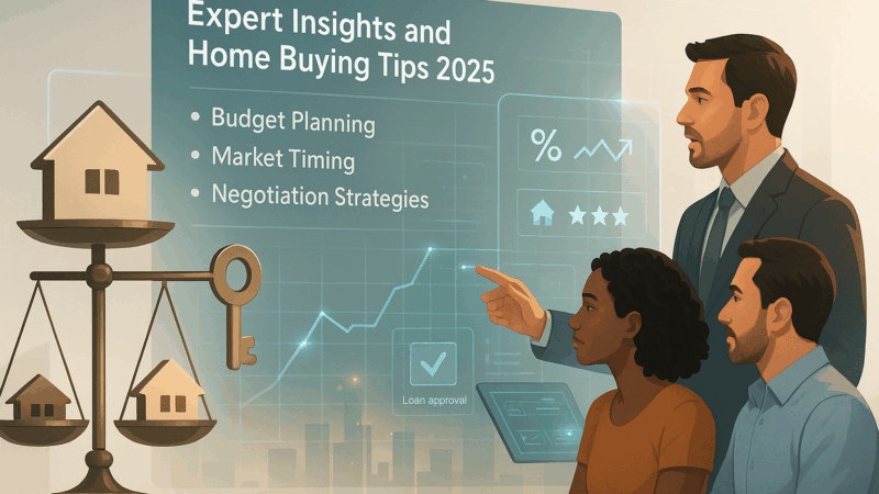 Real estate expert guides a couple through 2025 home buying tips using a digital dashboard and symbolic scale.