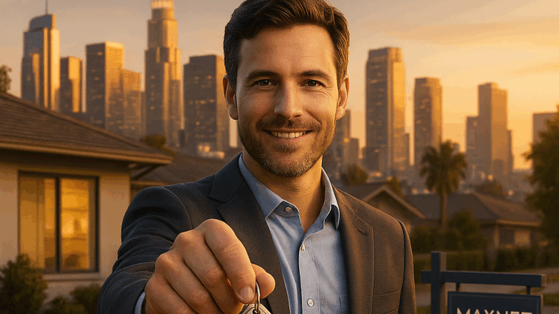A confident homeowner smiles in front of a sold house with MaxNet branding and bold CTA encouraging visitors to get a fast cash offer.