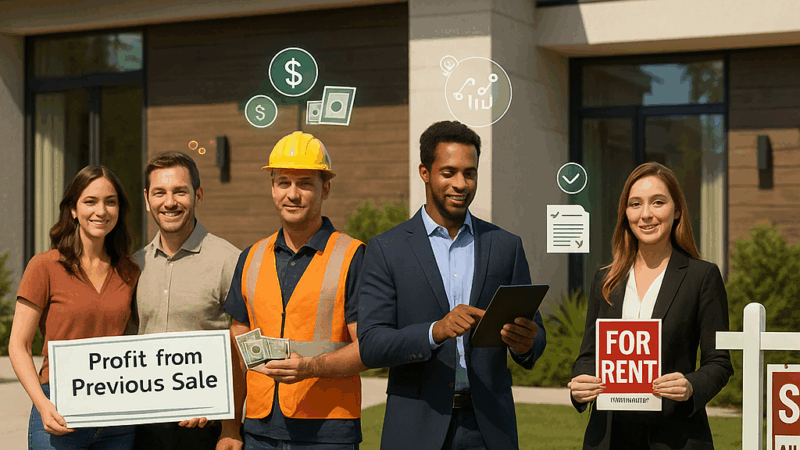 Four types of cash buyers standing in front of a modern Los Angeles home, including a couple with a sale check, an investor with cash and paint roller, a tech rep using a tablet, and a rental investor with a ‘For Rent’ sign