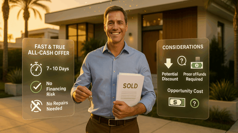 Smiling home seller holding keys and sold documents in front of a modern Los Angeles home with floating digital panels showing pros and cons of an all-cash offer