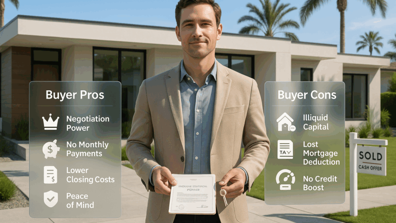 Confident cash homebuyer in smart-casual attire stands in front of a modern Los Angeles house with floating panels showing pros and cons of paying cash for a home