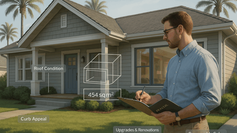 Photorealistic split-view of a home appraiser inspecting both the exterior and interior of a Los Angeles home, highlighting key appraisal areas like roof, yard, attic, and interior