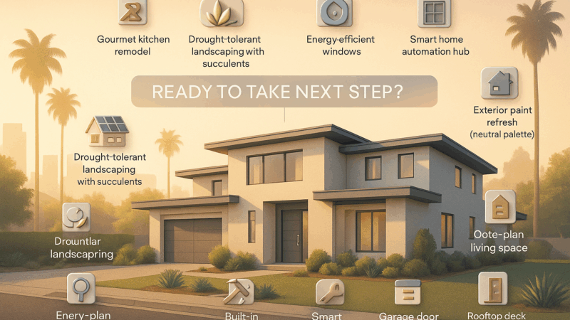 Modern Los Angeles home infographic showing 15 top ROI upgrades including solar panels, smart home features, and drought-tolerant landscaping.