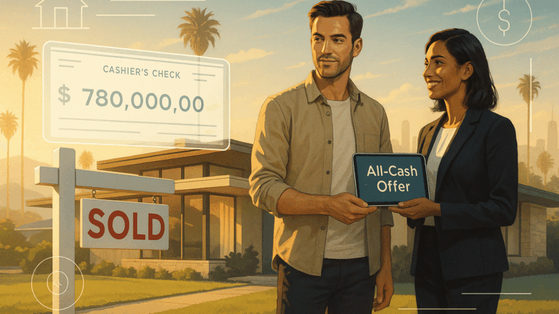 Modern mid-century Los Angeles home with SOLD sign and digital all-cash offer tablet held by homeowner and real estate agent at golden hour