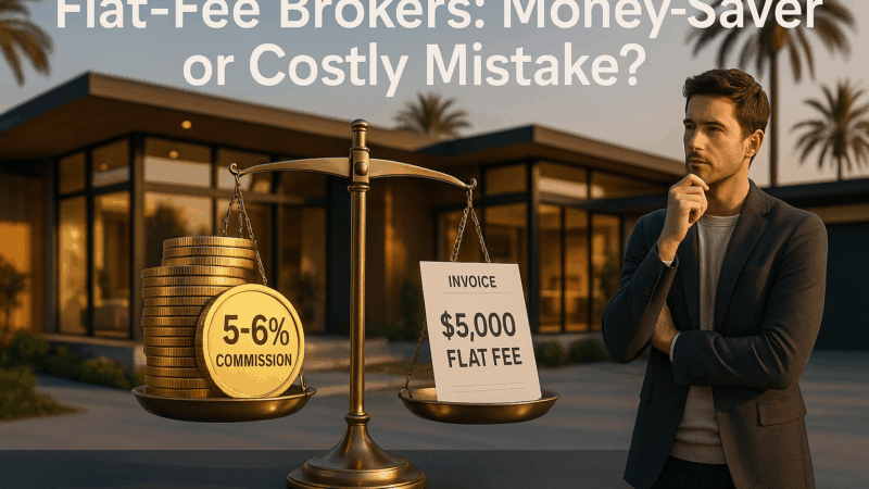 Balance scale comparing 5–6% real estate commission vs $5,000 flat fee in front of a modern Los Angeles home at sunset
