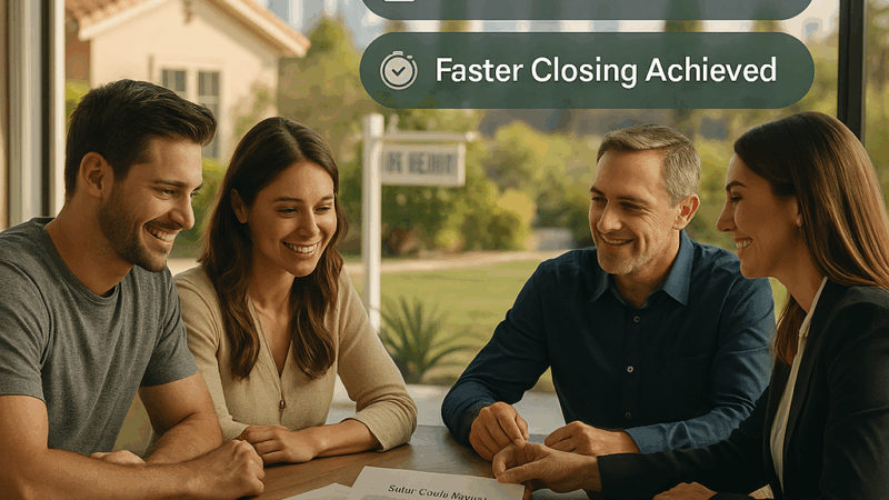 Los Angeles homebuyers and sellers sitting at a closing table reviewing a document showing a $15,500 seller credit, with “In Escrow” sign and palm trees outside.