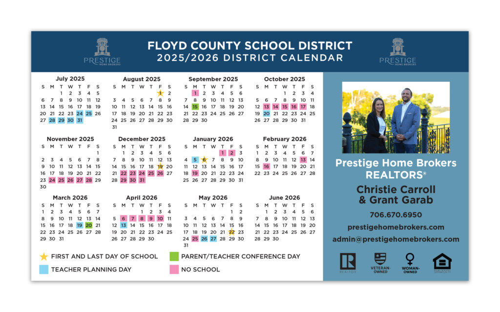 2025/2026 school calendar magnet for Floyd County, GA.